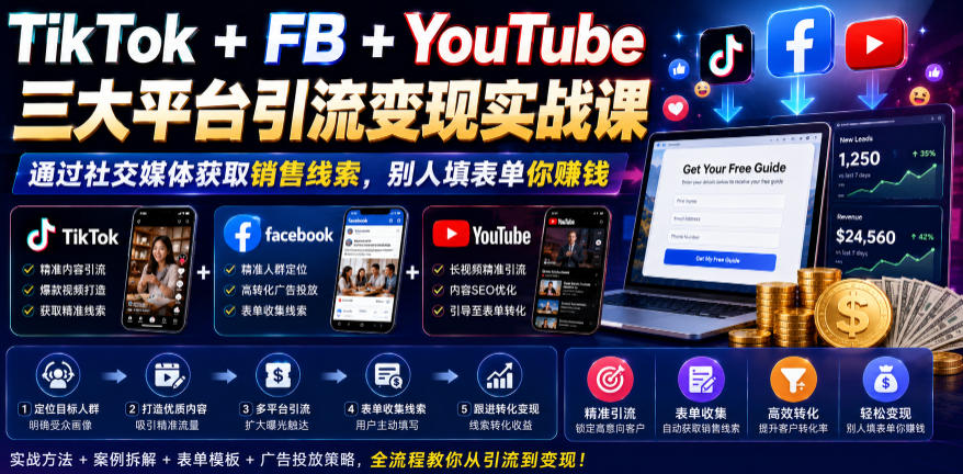 TikTok+FB+YouTube三大平台引流变现实战课，通过社交媒体获取销售线索，别人填表单你賺钱【原创双语字幕】-寒山客