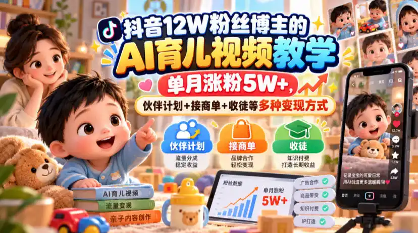 抖音12W粉丝博主的AI育儿视频教学，单月涨粉5W+，伙伴计划+接商单+收徒等多种变现方式-小创项目网