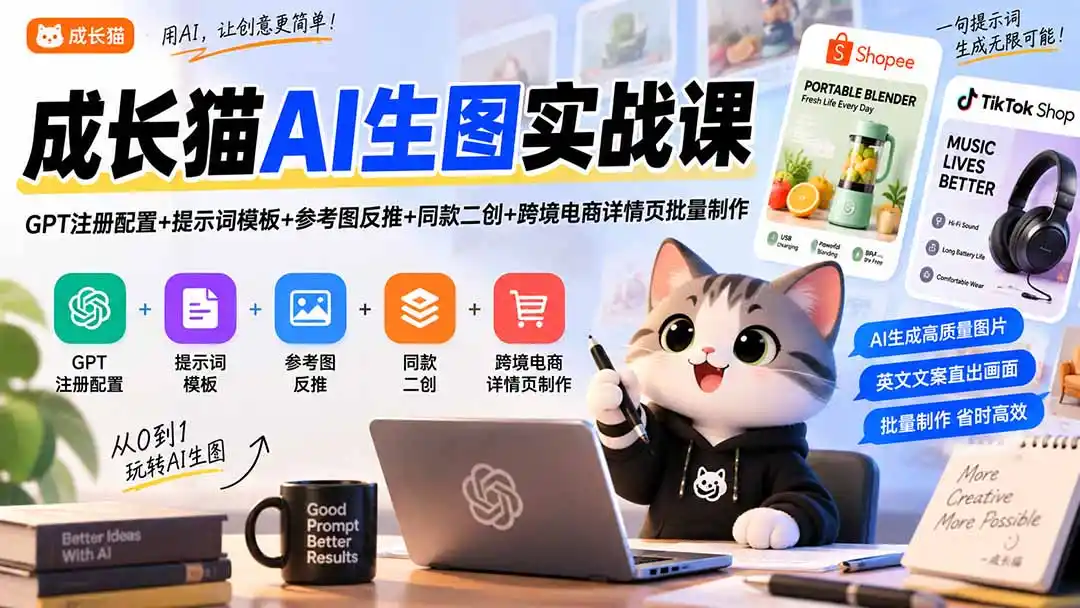 成长猫AI生图实战课|GPT注册配置+提示词模板+参考图反推+同款二创+跨境电商详情页批量制作-寒山客