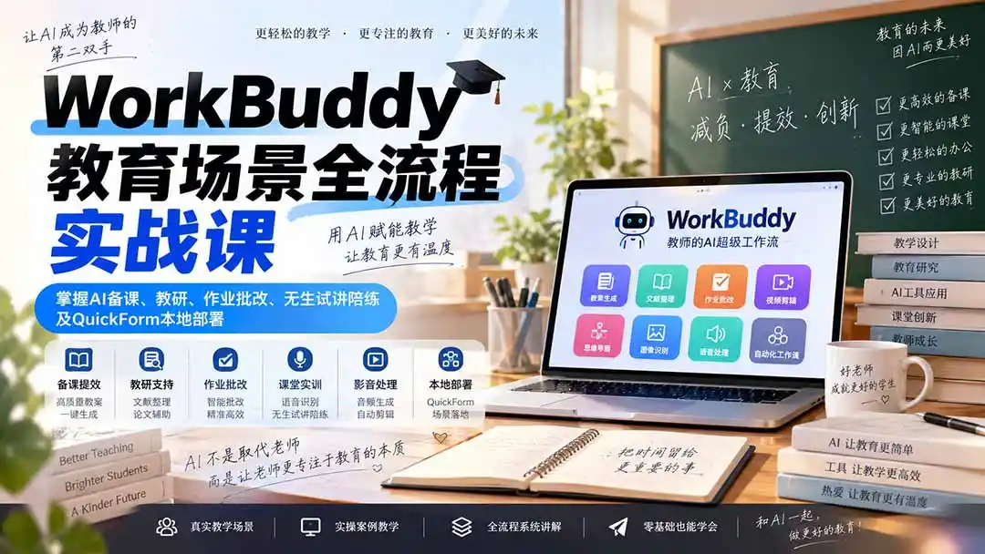 WorkBuddy教育场景全流程实战课：掌握AI备课、教研、作业批改、无生试讲陪练及QuickForm本地部署-寒山客