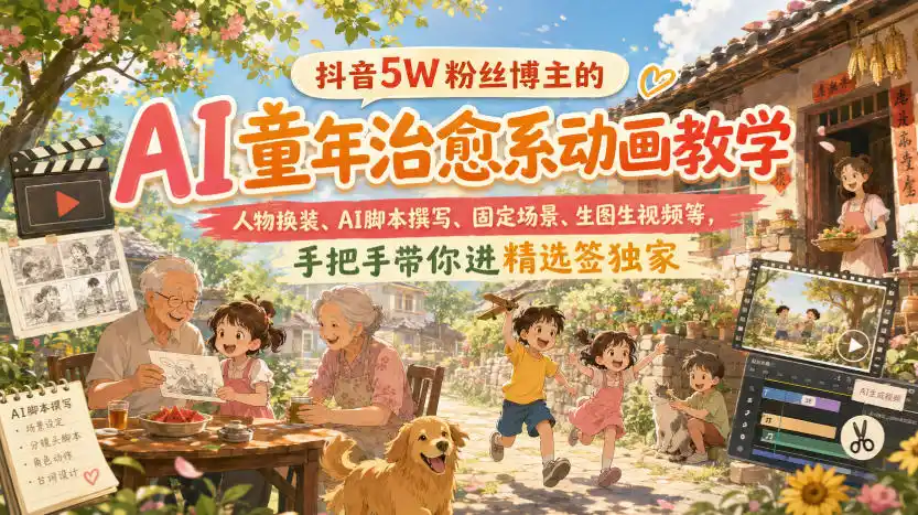 抖音5W粉丝博主的AI童年治愈系动画教学，人物换装、AI脚本撰写、固定场景、生图生视频等，手把手带你进精选签独家-小创项目网