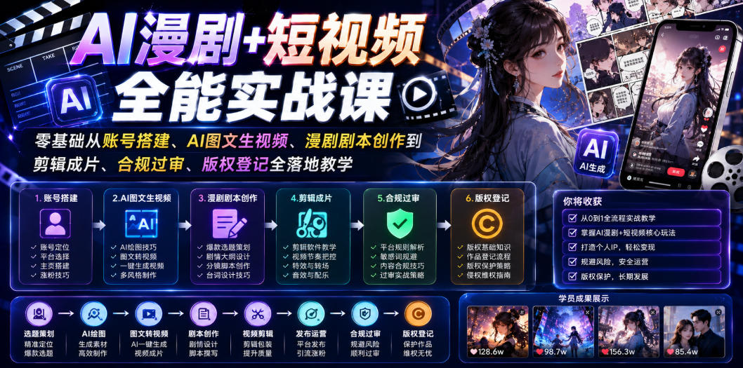 AI漫剧+短视频全能实战课｜零基础从账号搭建、AI图文生视频、漫剧剧本创作到剪辑成片、合规过审、版权登记全落地教学-寒山客