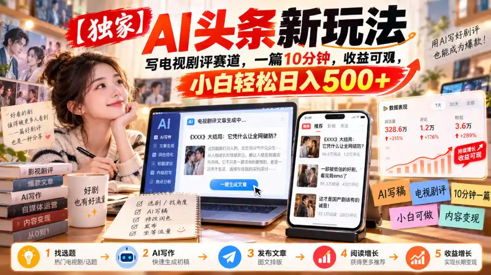 【独家】AI头条新玩法，写电视剧评赛道，一篇10分钟，收益可观，小白轻松日入500+-小创项目网