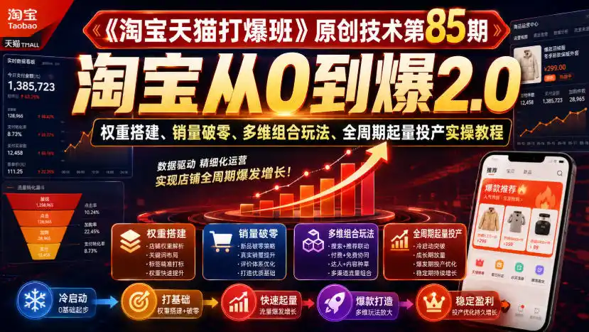 《淘宝天猫打爆班》原创技术第85期，淘宝从0到爆2.0，权重搭建、销量破零、多维组合玩法、全周期起量投产实操教程-小创项目网