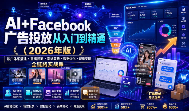 AI+Facebook广告投放从入门到精通(2026年版)｜账户体系搭建・直播投流・素材策略・数据优化・聊单变现全链路实战课-小创项目网