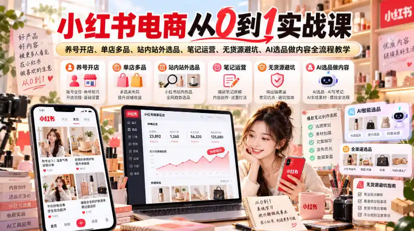 小红书电商从0到1实战课｜养号开店、单店多品、站内站外选品、笔记运营、无货源避坑、AI选品做内容全流程教学-小创项目网