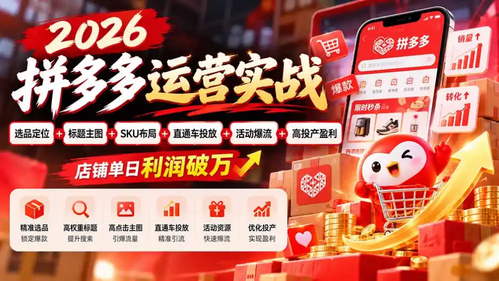 2026拼多多运营实战-更新1002：选品定位+标题主图+SKU布局+直通车投放+活动爆流+高投产盈利 店铺单日利润破万-小创项目网