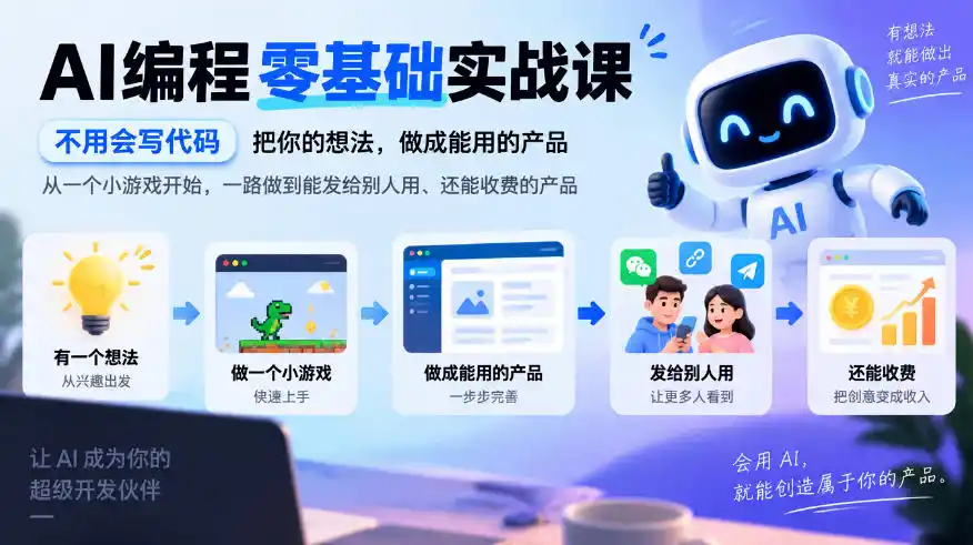 AI编程零基础实战课，不用会写代码，把你的想法，做成能用的产品，从一个小游戏开始，一路做到能发给别人用、还能收费的产品-小创项目网