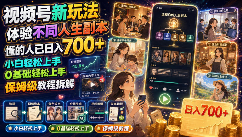 视频号新玩法体验不同人生副本，懂的人已日入700+，小白轻松上手，0基础轻松上手，保姆级教程拆解-小创项目网