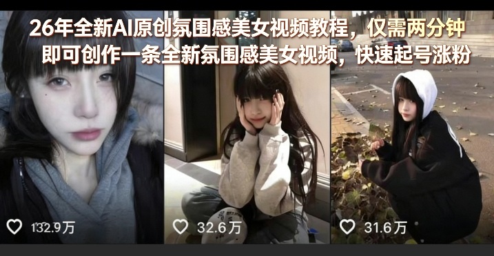 26年全新AI原创氛围感美女视频教程，仅需两分钟即可创作一条全新氛围感美女视频，快速起号涨粉-小创项目网