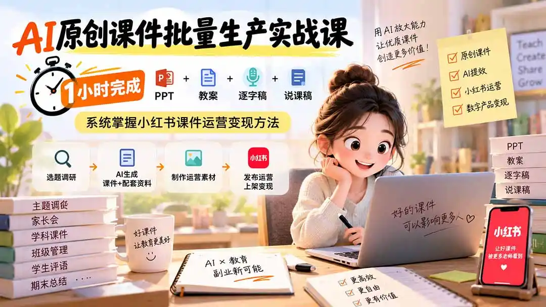 AI原创课件批量生产实战课：1小时完成PPT+教案+逐字稿+说课稿，系统掌握小红书课件运营变现方法-小创项目网