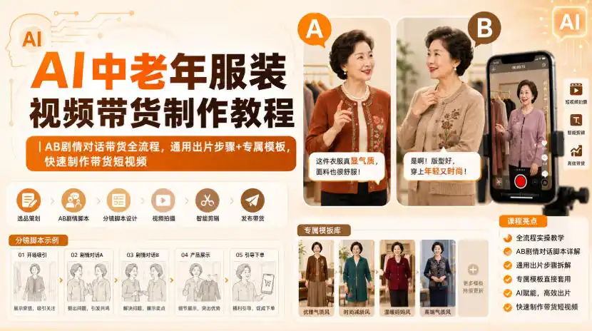 AI中老年服装视频带货制作教程｜AB剧情对话带货全流程，通用出片步骤+专属模板，快速制作带货短视频-小创项目网