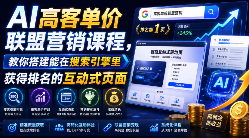 AI高客单价联盟营销课程，教你搭建能在搜索引擎里获得排名的互动式页面，引来流量，把访客转化为高佣金的成交【原创双语字幕】-小创项目网