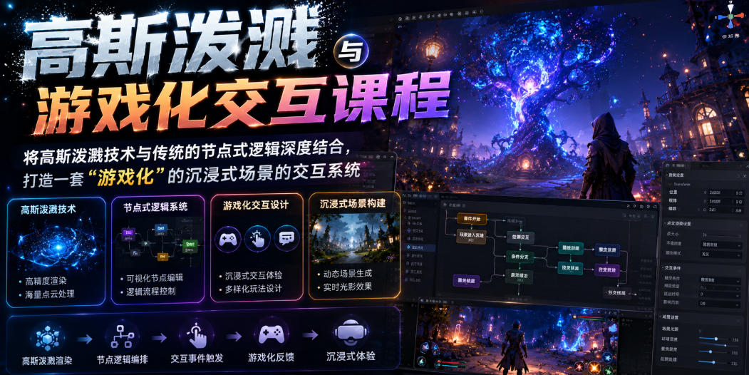 高斯泼溅与游戏化交互课程，将高斯泼溅技术与传统的节点式逻辑深度结合，打造一套“游戏化”的沉浸式场景的交互系统-寒山客