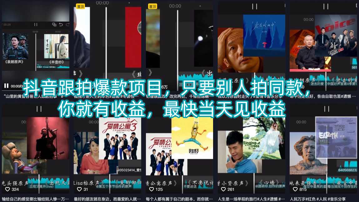 抖音跟拍爆款项目，只要别人拍同款，你就有收益，最快当天见收益-小创项目网