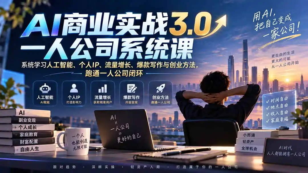 AI商业实战3.0一人公司系统课：系统学习人工智能、个人IP、流量增长、爆款写作与创业方法，跑通一人公司闭环-小创项目网