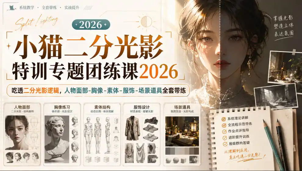 小猫二分光影特训专题团练课2026｜吃透二分光影逻辑，人物面部‑胸像‑素体‑服饰‑场景道具全套带练，高清画质附赠课件与笔刷-小创项目网