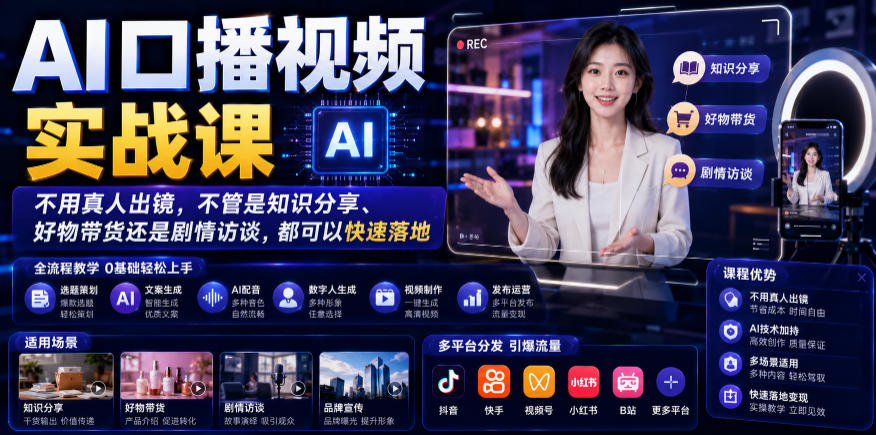 AI口播视频实战课，不用真人出镜，不管是知识分享、好物带货还是剧情访谈，都可以快速落地-寒山客