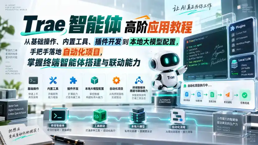 Trae智能体高阶应用教程,从基础操作、内置工具、插件开发到本地大模型配置,手把手落地自动化项目