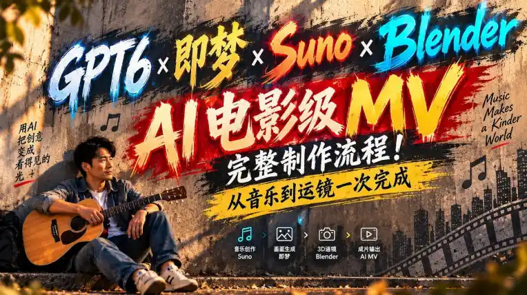 GPT6×即梦×Suno×Blender｜AI电影级MV完整制作流程！从音乐到运镜一次完成！
