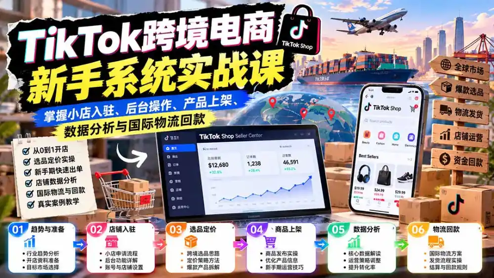 TikTok跨境电商新手系统实战课：掌握小店入驻、后台操作、产品上架、数据分析与国际物流回款-寒山客