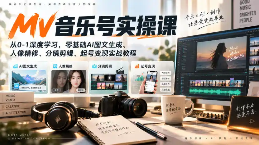 AI MV音乐号实操课，从0-1深度学习，零基础AI图文生成、人像精修、分镜剪辑、起号变现实战教程-寒山客