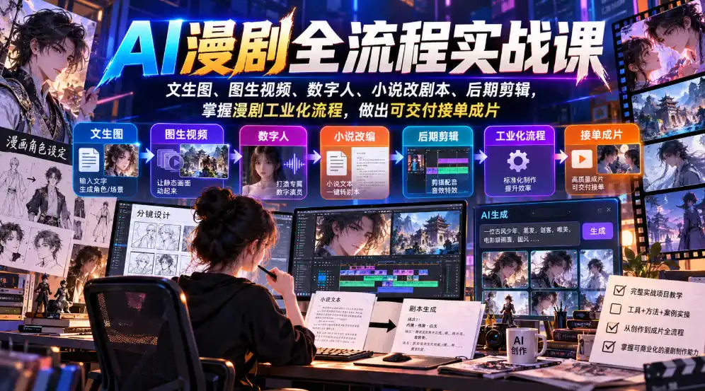 AI漫剧全流程实战课，文生图、图生视频、数字人、小说改剧本、后期剪辑，掌握漫剧工业化流程，做出可交付接单成片-小创项目网
