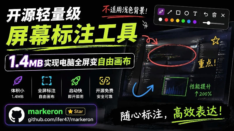 开源轻量级屏幕标注工具，1.4MB实现电脑全屏变自由画布！支持8种标注工具和全键盘操控MarkerOn-寒山客
