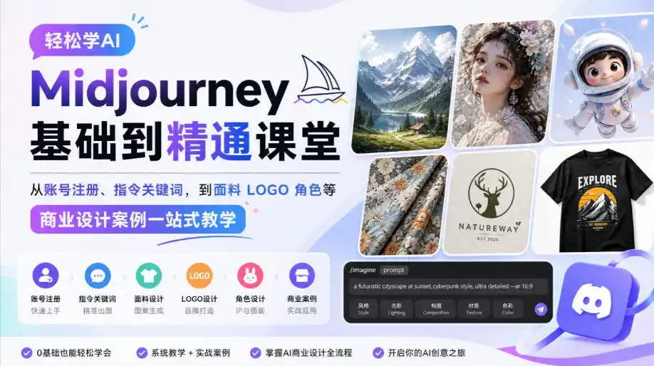 轻松学AI Midjourney基础到精通课堂，从账号注册、指令关键词，到面料LOGO角色等商业设计案例一站式教学-小创项目网