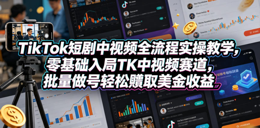 TikTok短剧中视频全流程实操教学，零基础入局TK中视频赛道，批量做号轻松賺取美金收益-小创项目网