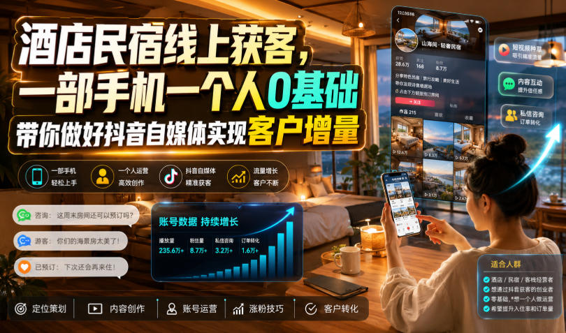 酒店民宿线上获客，一部手机一个人0基础带你做好抖音自媒体实现客户增量-寒山客