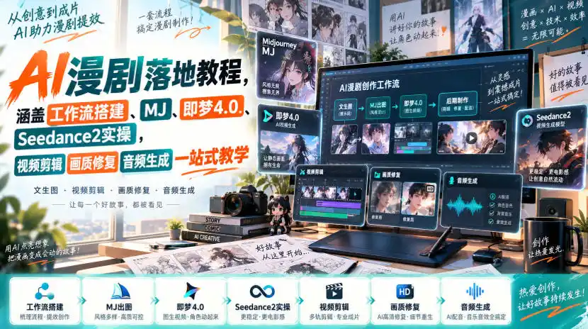AI漫剧落地教程，涵盖工作流搭建、MJ、即梦4.0、Seedance2实操，视频剪辑画质修复音频生成一站式教学-大伟资源网