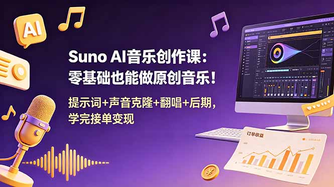 Suno AI音乐创作课：零基础也能做原创音乐！提示词+声音克隆+翻唱+后期，学完接单变现-寒山客
