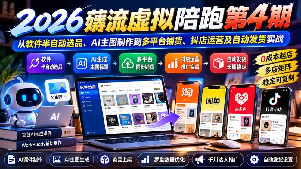 2026薅流虚拟陪跑第4期：从软件半自动选品、AI主图制作到多平台铺货、抖店运营及自动发货实战-小创项目网