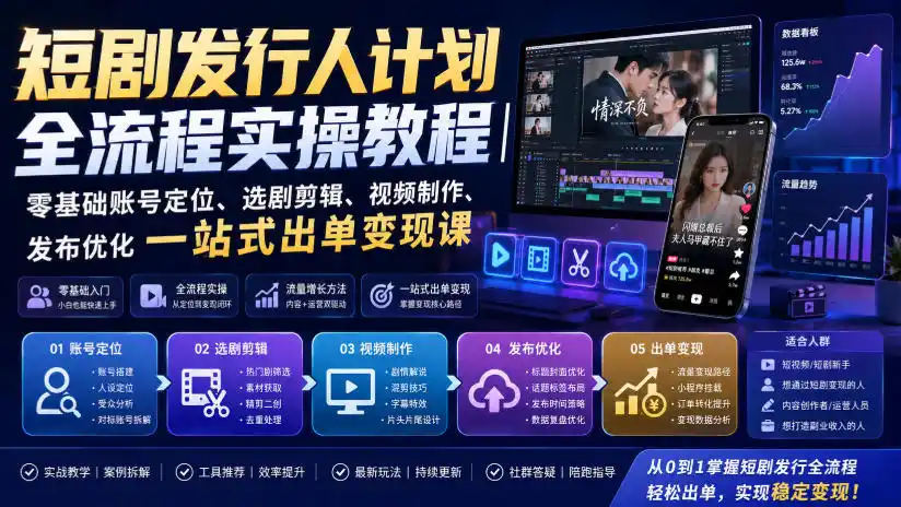短剧发行人计划全流程实操教程｜零基础账号定位、选剧剪辑、视频制作、发布优化一站式出单变现课-小创项目网