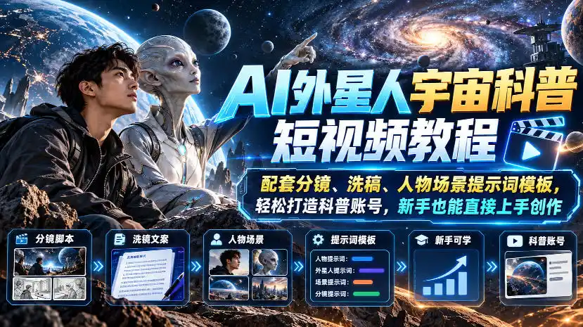 AI外星人宇宙科普短视频教程，配套分镜、洗稿、人物场景提示词模板，轻松打造科普账号，新手也能直接上手创作-小创项目网