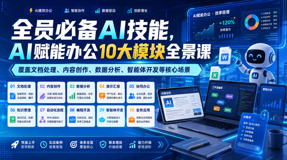全员必备AI技能，AI赋能办公10大模块全景课，覆盖文档处理、内容创作、数据分析、智能体开发等核心场景-小创项目网