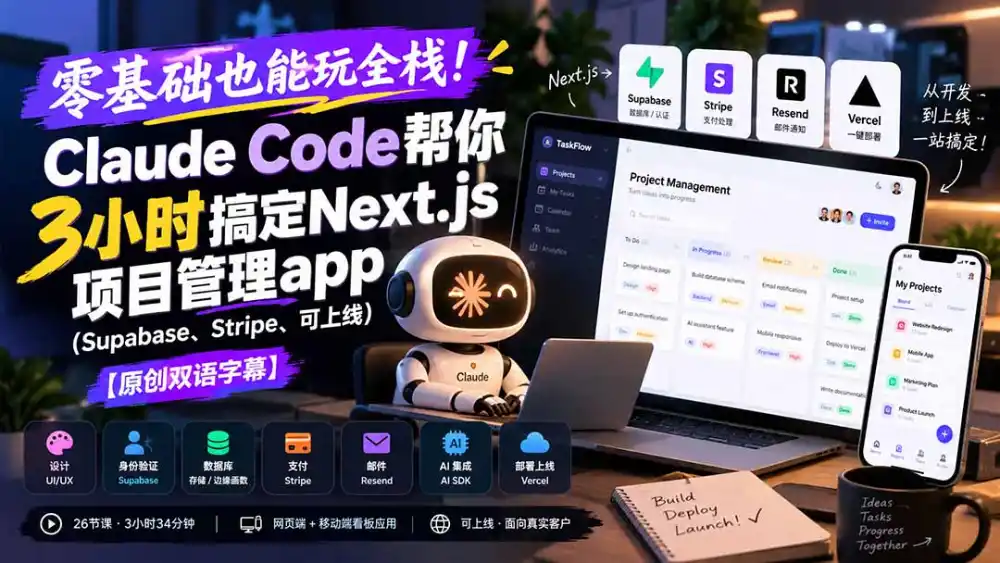 零基础也能玩全栈！Claude Code帮你3小时搞定Next.js项目管理app(Supabase、Stripe、可上线-小创项目网