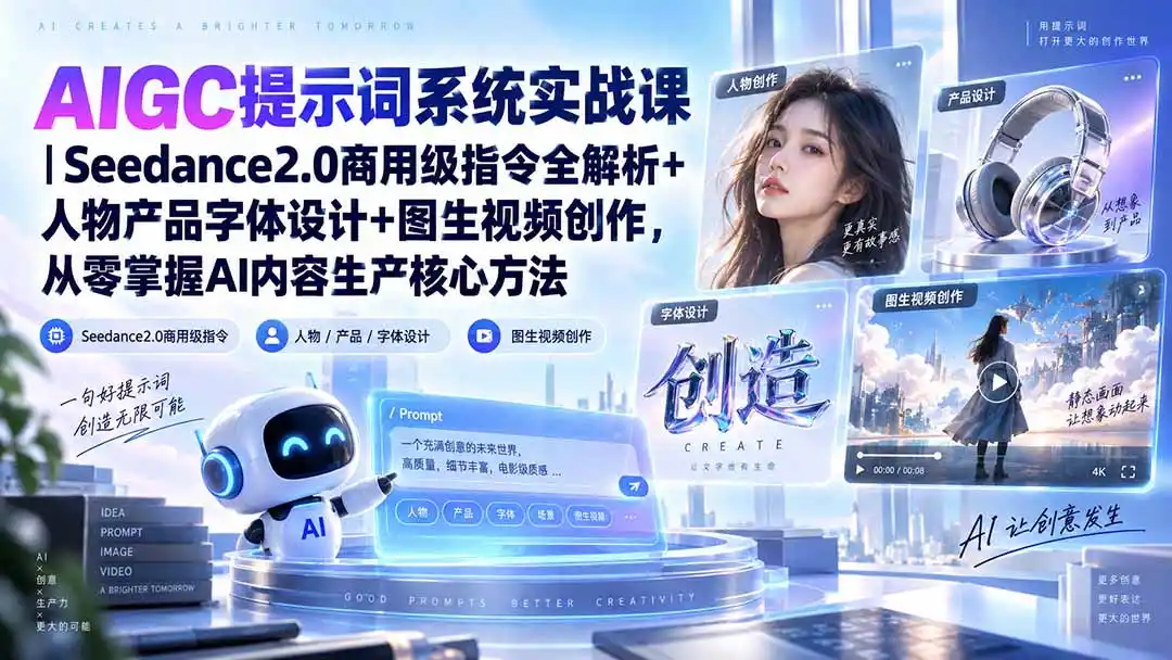 AIGC提示词系统实战课-无水印｜Seedance2.0商用级指令全解析+人物产品字体设计+图生视频创作，掌握AI内容生产方法-寒山客