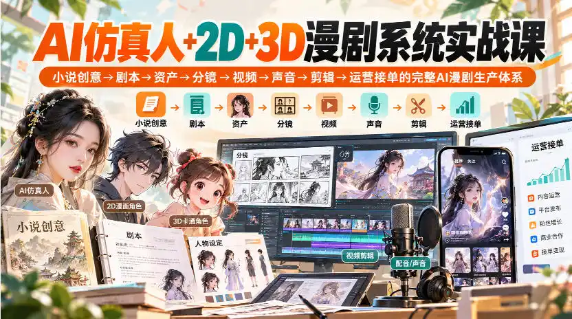 【无水印】AI仿真人+2D+3D漫剧系统实战课，小说创意→剧本→资产→分镜→视频→声音→剪辑→运营接单的完整AI漫剧生产体系-寒山客