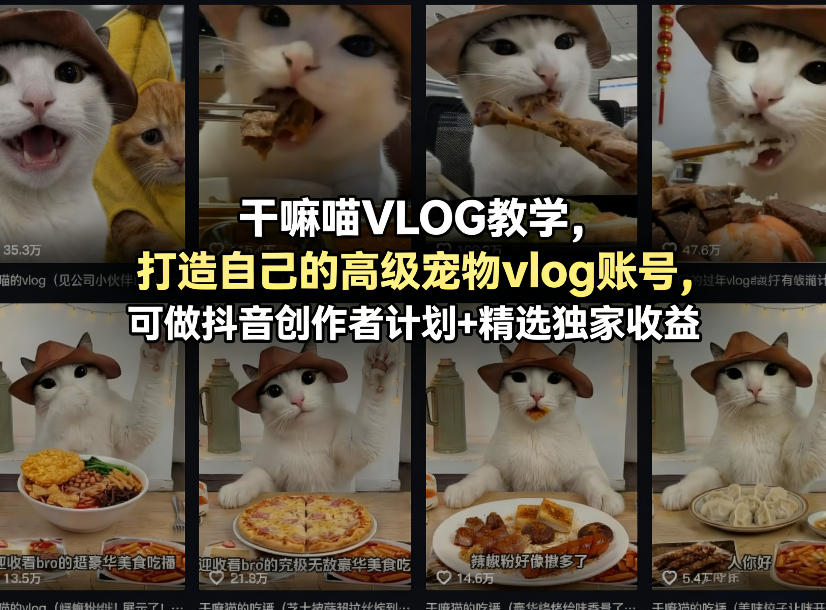 干嘛喵VLOG教学，打造自己的高级宠物vlog账号，可做抖音创作者计划+精选独家收益-小创项目网
