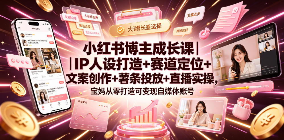 小红书博主成长课｜IP人设打造+赛道定位+文案创作+薯条投放+直播实操，宝妈从零打造可变现自媒体账号-寒山客