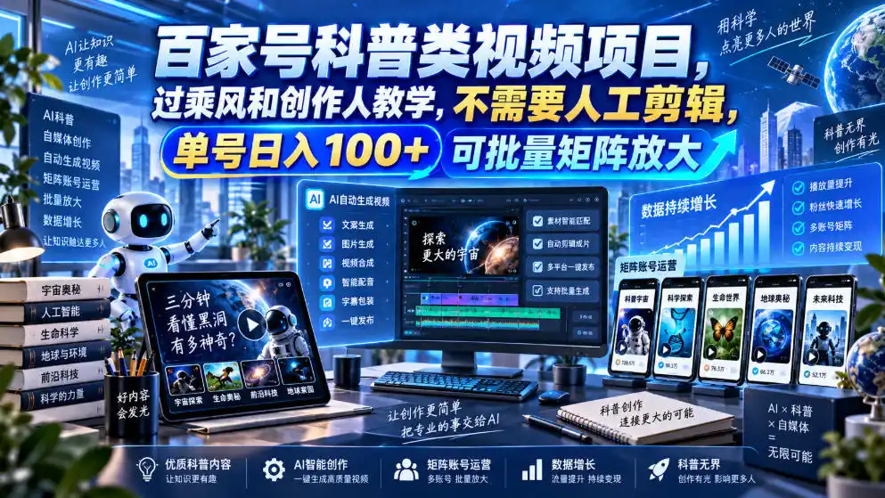 百家号科普类视频项目，过乘风和创作人教学，不需要人工剪辑，单号日入100+可批量矩阵放大-寒山客