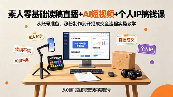 素人零基础读稿直播+AI短视频+个人IP搞钱课，从账号准备、涨粉制作到开播成交全流程实操教学-小创项目网