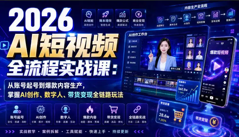 2026 AI短视频全流程实战课：从账号起号到爆款内容生产，掌握AI创作、数字人、带货变现全链路玩法-小创项目网