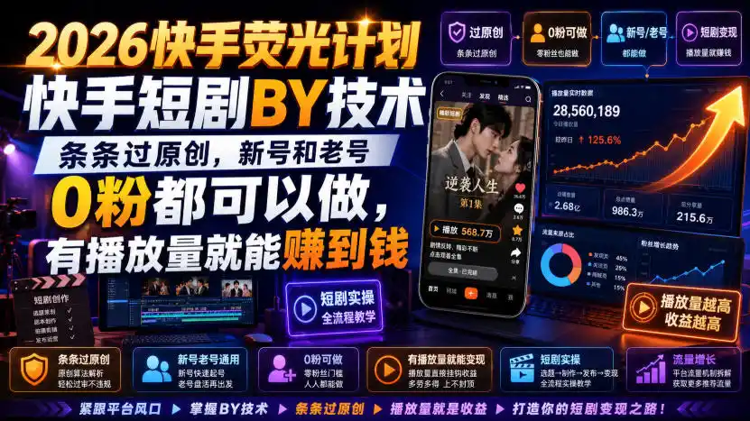 2026快手荧光计划，快手短剧搬运技术，条条过原创，新号和老号0粉都可以做，有播放量就能賺到钱-小创项目网