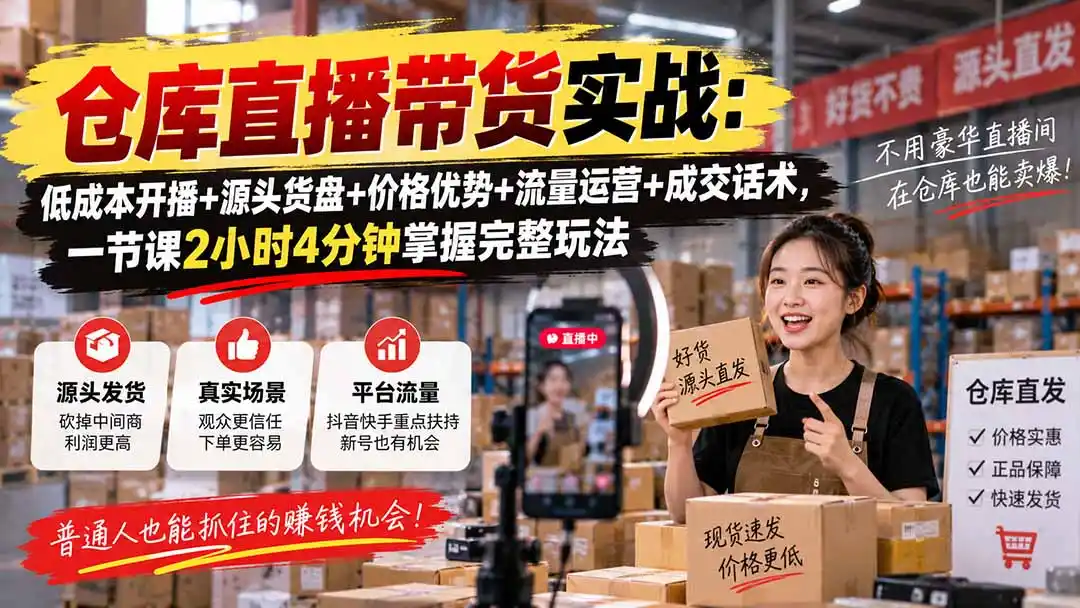 仓库直播带货实战：低成本开播+源头货盘+价格优势+流量运营+成交话术，一节课2小时4分钟掌握完整玩法-寒山客