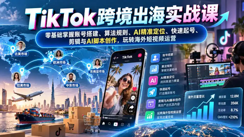 TikTok跨境出海实战课：零基础掌握账号搭建、算法规则、AI精准定位、快速起号、剪辑与AI脚本创作，玩转海外短视频运营-小创项目网