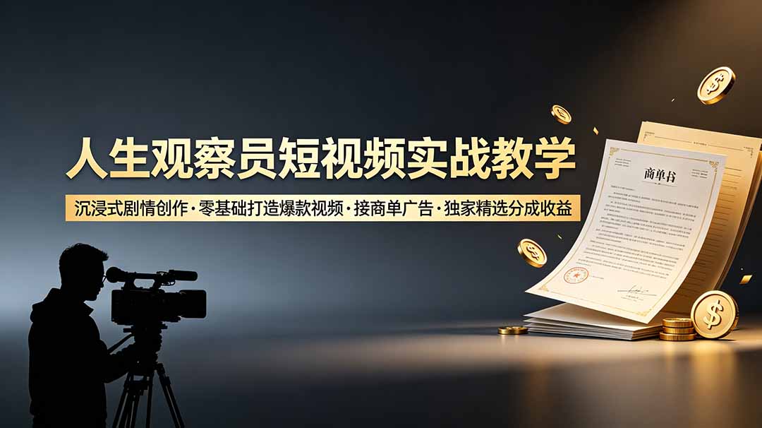 人生观察员短视频实战教学，沉浸式剧情创作，零基础打造爆款视频，接商单广告，独家精选分成收益-寒山客