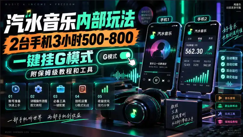 汽水音乐内部玩法，2台手机3小时500-800，一键挂G模式，附保姆级教程和工具【揭秘】-寒山客